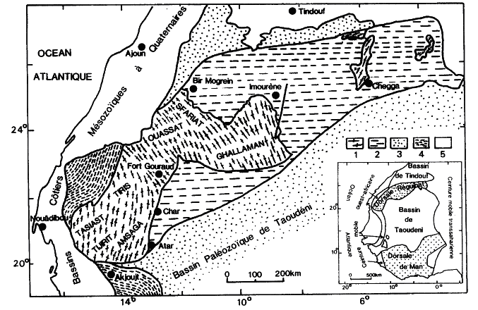 Figure 2: La Dorsale Reguibat (d’après Bessoles, 1977). (1) Archéen (2) Protérozoïque (3) Paléozoïque (4) Ceinture mobile des Mauritanides (5) Mésozoïque et Quaternaire