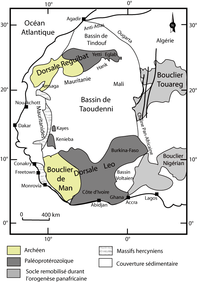 Figure 1: Principales unités structurales de l’Afrique occidental (d’après Peucat et al., 2005, modifiée)