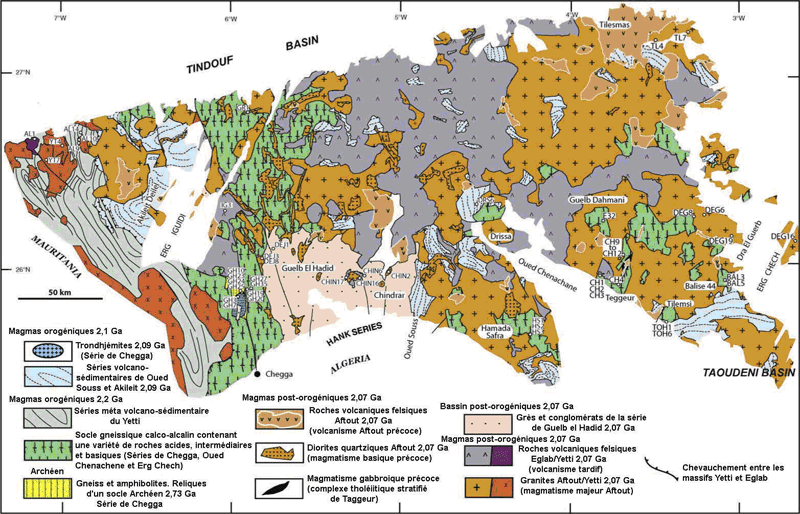 Figure 3: Carte géologique du massif Yetti-Eglab (d’après Peucat et al., 2005, modifiée)