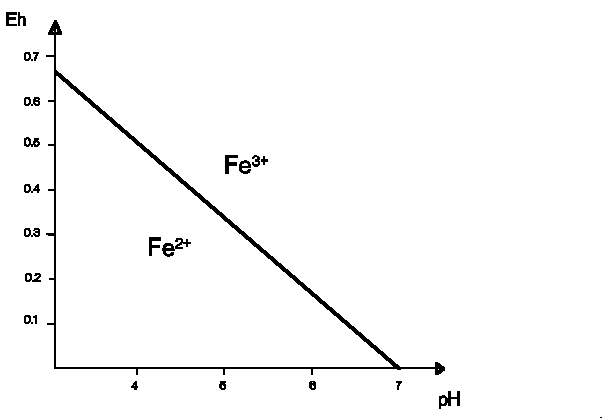 Figure 6: stabilité du système Fe2+ / Fe3+ en fonction de l'Eh et du pH pour une solution diluée à température de 25°C et pression atmosphérique