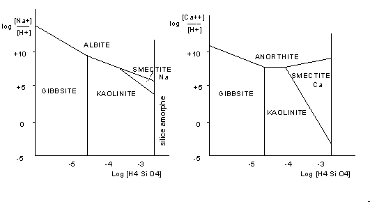 Figure 5: champ de stabilité de deux minéraux en fonction de la concentration de la solution en ions et en acide silicique