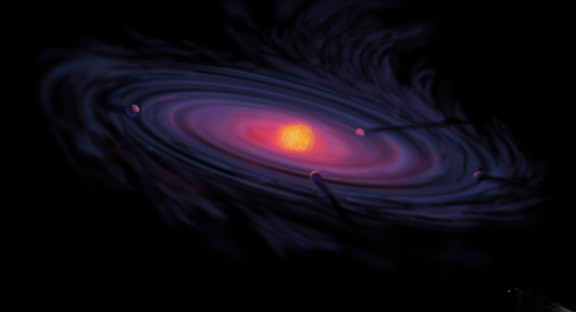 Vue d'artiste du disque protoplanétaire ayant formé notre système solaire il y a 4,57 Ga (Ga = milliards d'années)
