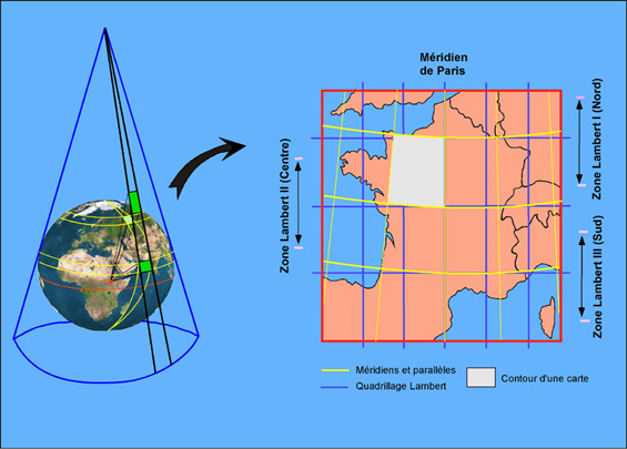 Figure 2: Principe de la projection conique de Lambert et Zones Lambert en France Métropolitaine