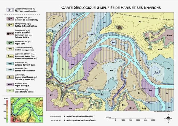 Figure 1: Carte géologique de Paris sans les remblais et alluvions réalisée par G. Mesnier à partir de la carte géologique de Paris au 1/25000° du BRGM