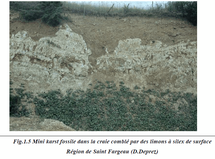 Figure 1.5: Mini karst fossile dans la crie comblé par des limons à silex de surface