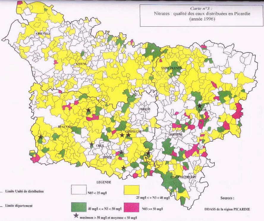 Figure 2: Teneurs en nitrate des eaux destinées à la consommation en Picardie (moyenne en 1996), d'après un document de la DRASS de Picardie