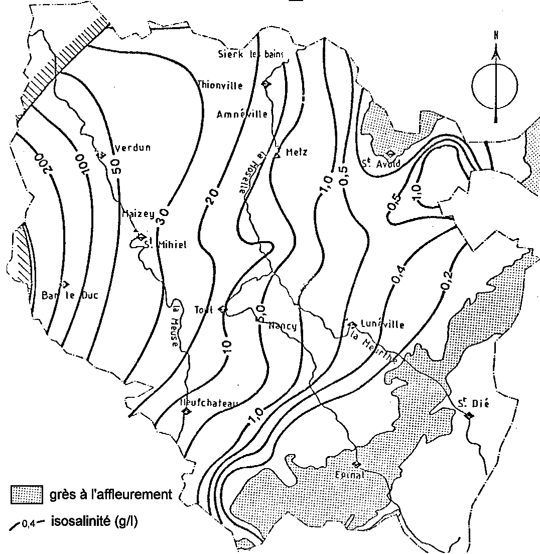 Figure 1: Salinité des eaux de l'aquifère des grès permo-triasique en Lorraine (adapté de MANIA): la salinité augmente avec la profondeur