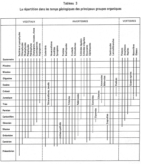 Répartition dans les temps géologiques des principaux groupes organiques