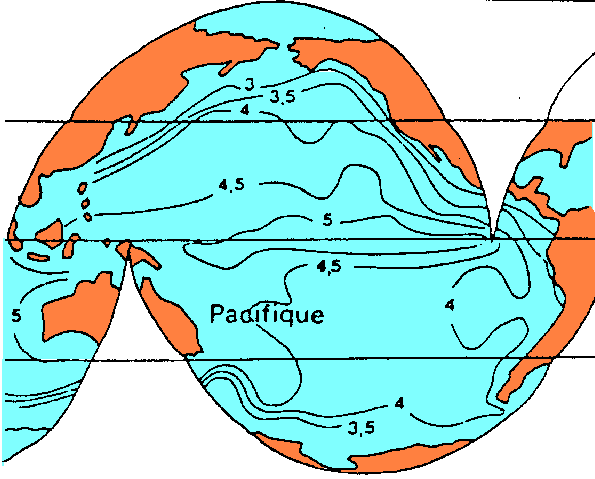 Figure 9: Variation de la profondeur de compensation des carbonates, exprimée en km, dans le Pacifique