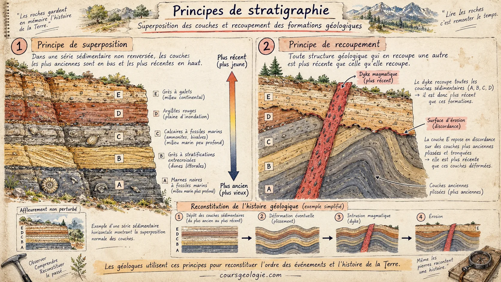 Principes de stratigraphie, superposition des couches et recoupement des formations géologiques