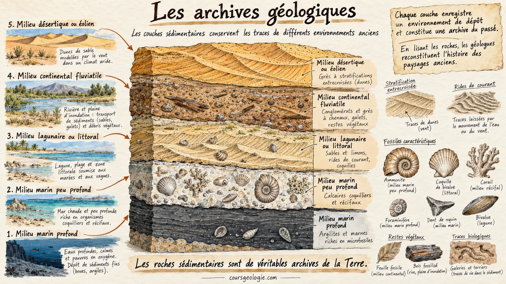 Les archives géologiques, les couches sédimentaires conservent les traces de différents environnements anciens